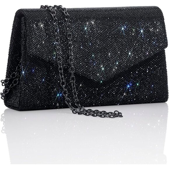 Women's Black Sparkly Evening Glitter Rhinestone Clutch Purse for Party - Picture 1 of 8